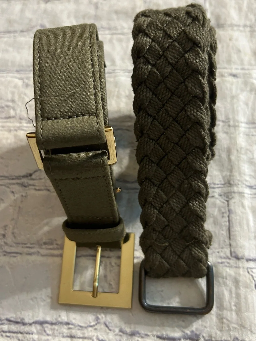 OLIVE GREEN WOVEN AND OLIVE GREEN WITH GOLD TONE HARDWARE (2) BELTS